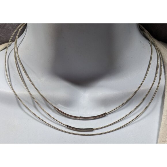 Modern Layered Silver Tone Coil Wire Necklace With Tube Bead Accents - Picture 2 of 6